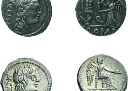 En haut : avers et revers de Quinaire C. Egatulei - 97 av. J.-C. - Argent - 13 exemplaires ©BNF-Gallica En bas : avers et revers de Quinaire M. CATO. Vitrix - 89 av. J.-C. - argent - 19 exemplaires © Numismatica Ars Classica NAC AG